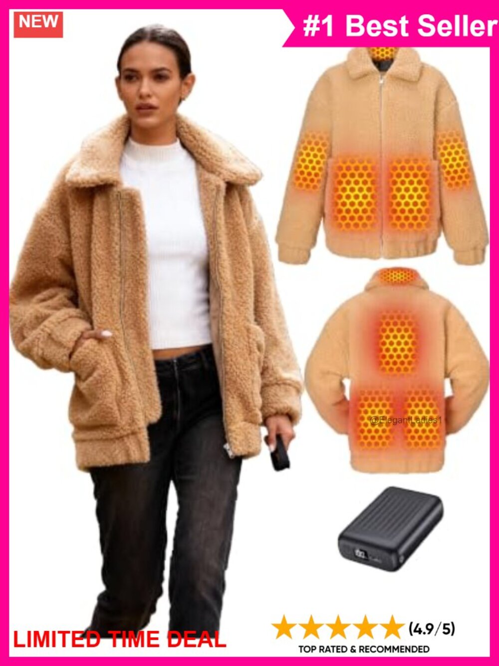 Women's Heated Sherpa Jacket Oversized Teddy Fleece Coat Graphene Warm